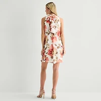 Robbie Bee Womens Mock Neck Sleeveless Floral Shift Dress