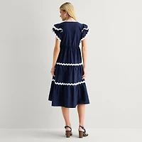 Robbie Bee Womens V Neck Short Sleeve Flutter Fit + Flare Dress