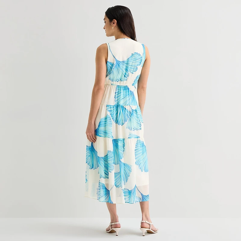 Robbie Bee Womens Midi V Neck Sleeveless Floral Fit + Flare Dress