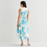 Robbie Bee Womens Midi V Neck Sleeveless Floral Fit + Flare Dress
