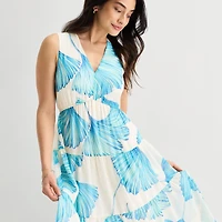 Robbie Bee Womens Midi V Neck Sleeveless Floral Fit + Flare Dress