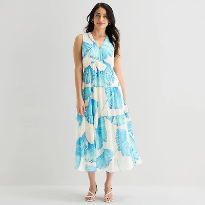 Robbie Bee Womens Midi V Neck Sleeveless Floral Fit + Flare Dress