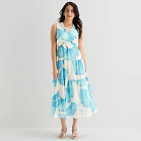 Robbie Bee Womens Midi V Neck Sleeveless Floral Fit + Flare Dress