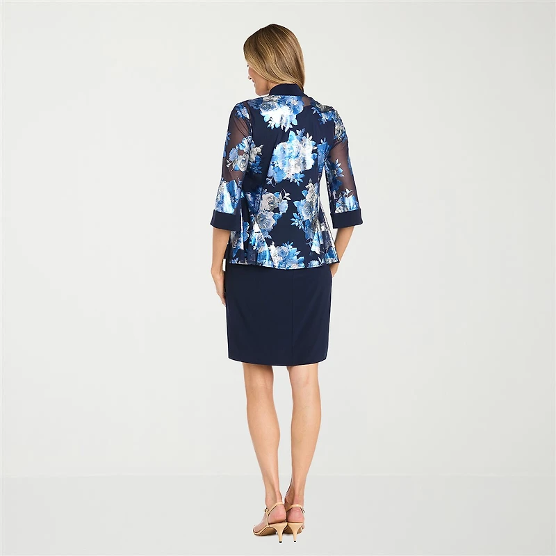 R & M Richards Womens 3/4 Sleeve Floral Jacket Dress With Removable Necklace