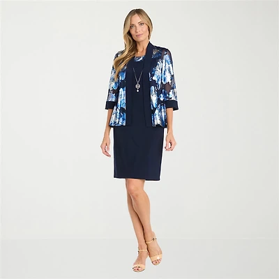 R & M Richards Womens 3/4 Sleeve Floral Jacket Dress With Removable Necklace