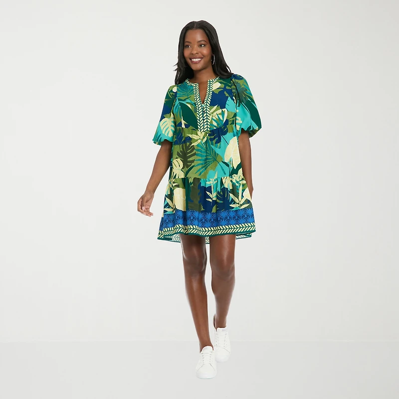 London Times Womens Notch Neck Short Sleeve Leaf Shift Dress