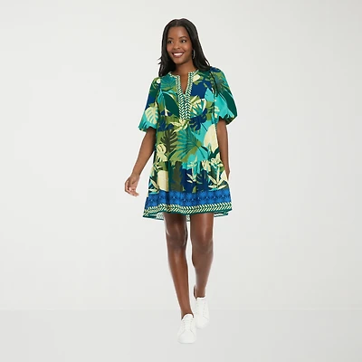London Times Womens Notch Neck Short Sleeve Leaf Shift Dress