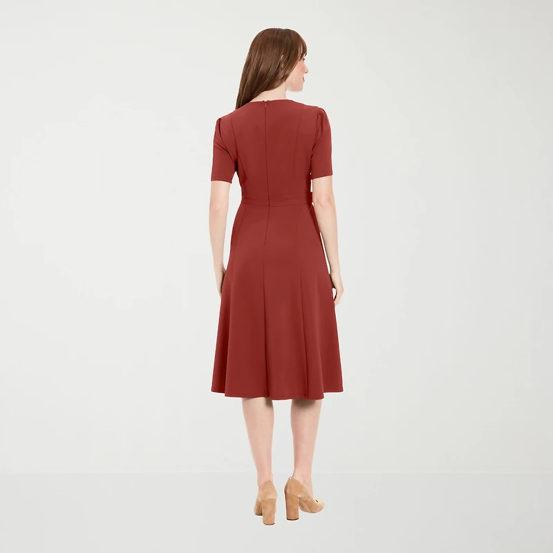 London Times Womens Midi Round Neck Short Sleeve Fitted Fit + Flare Dress