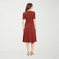 London Times Womens Midi Round Neck Short Sleeve Fitted Fit + Flare Dress