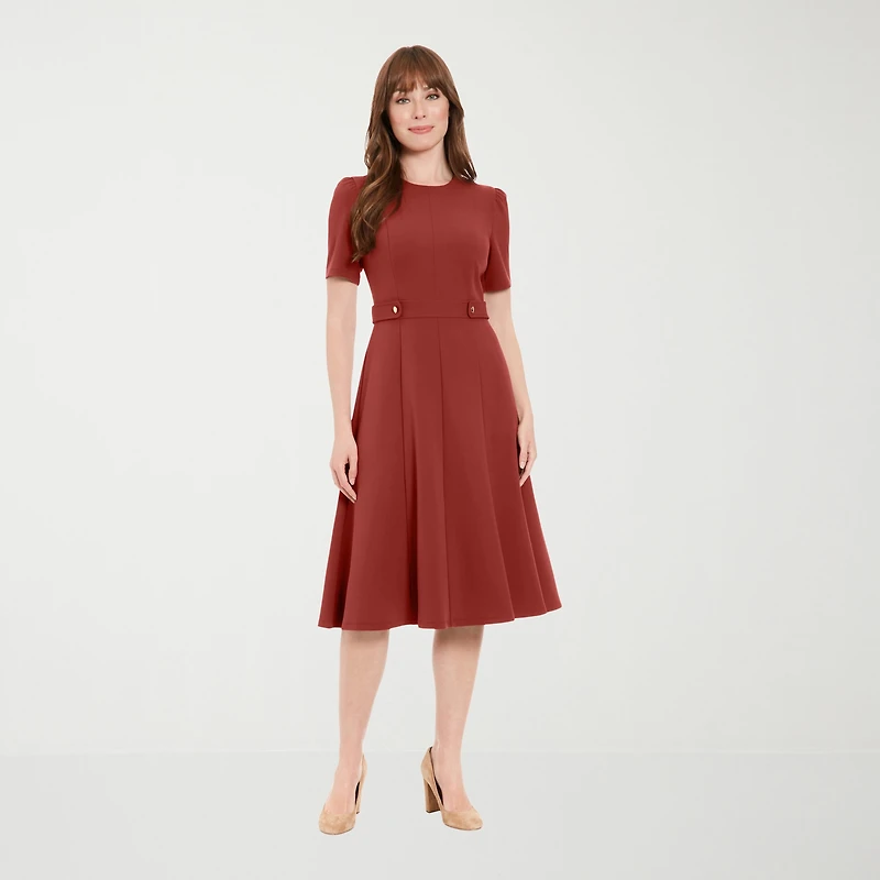 London Times Womens Midi Round Neck Short Sleeve Fitted Fit + Flare Dress