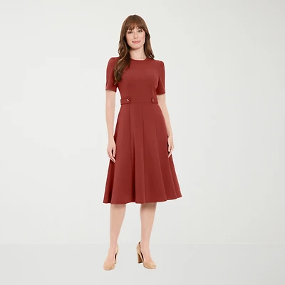 London Times Womens Midi Round Neck Short Sleeve Fitted Fit + Flare Dress