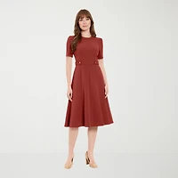 London Times Womens Midi Round Neck Short Sleeve Fitted Fit + Flare Dress