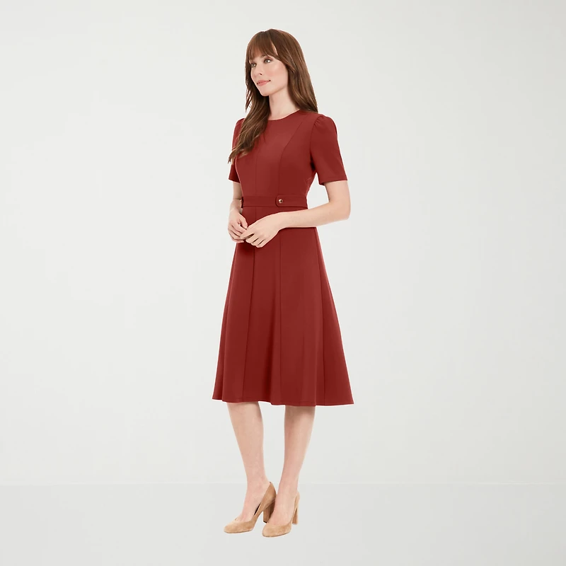 London Times Womens Midi Round Neck Short Sleeve Fitted Fit + Flare Dress
