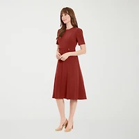 London Times Womens Midi Round Neck Short Sleeve Fitted Fit + Flare Dress