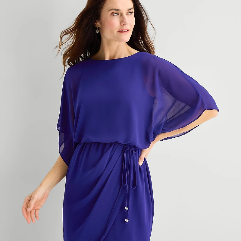 Jessica Howard Womens Petite Boat Neck 3/4 Sleeve Flutter Fit + Flare Dress
