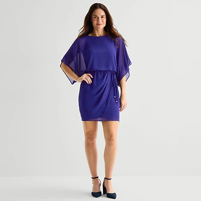 Jessica Howard Womens Petite Boat Neck 3/4 Sleeve Flutter Fit + Flare Dress