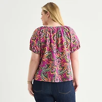 St. John's Bay Womens Plus Round Neck Short Sleeve Regular Fit Button-Down Shirt