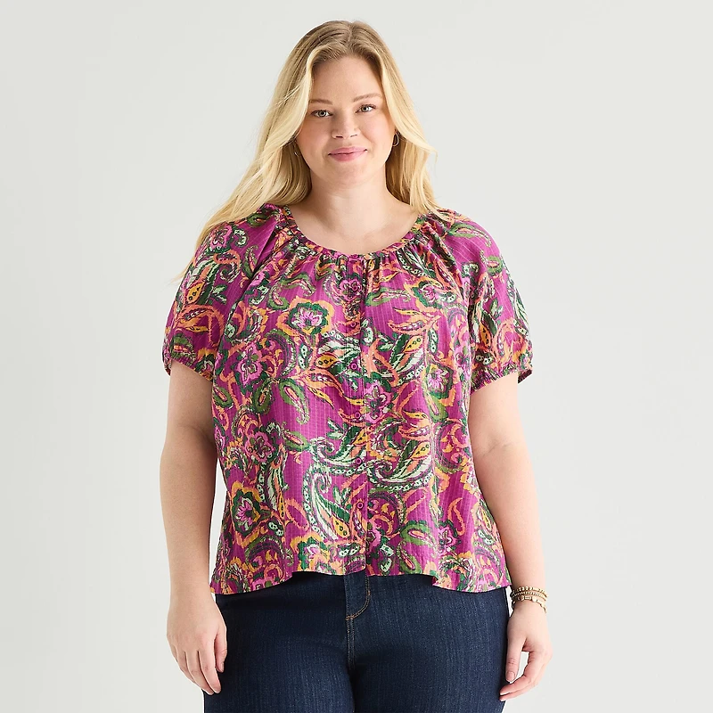 St. John's Bay Womens Plus Round Neck Short Sleeve Regular Fit Button-Down Shirt