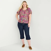 St. John's Bay Womens Plus Round Neck Short Sleeve Regular Fit Button-Down Shirt