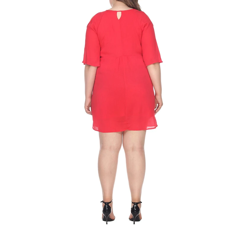 White Mark Womens Plus Split Crew Neck 3/4 Sleeve Embroidered Shift Dress
