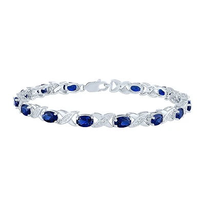 Womens Diamond Accent Lab Created Blue Sapphire Sterling Silver Tennis Bracelet
