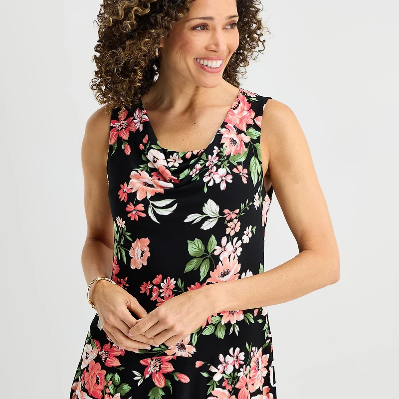 Robbie Bee Womens Petite Midi Cowl Neck Sleeveless Floral Fit + Flare Dress