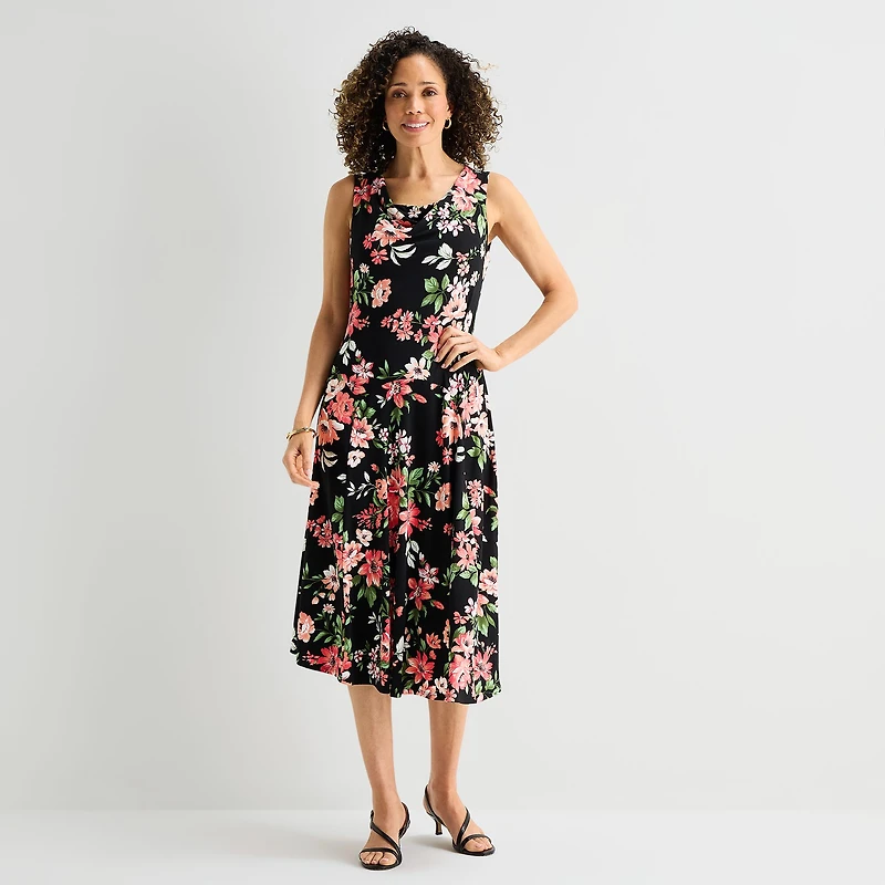 Robbie Bee Womens Petite Midi Cowl Neck Sleeveless Floral Fit + Flare Dress
