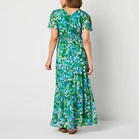 Rabbit Design Womens V Neck Short Sleeve Flutter Maxi Dress
