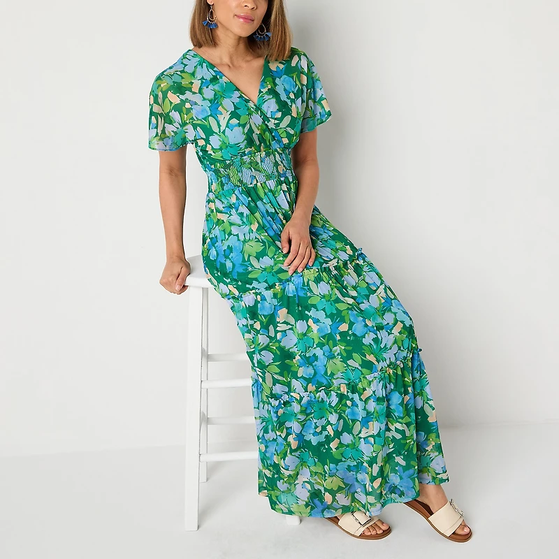 Rabbit Design Womens V Neck Short Sleeve Flutter Maxi Dress