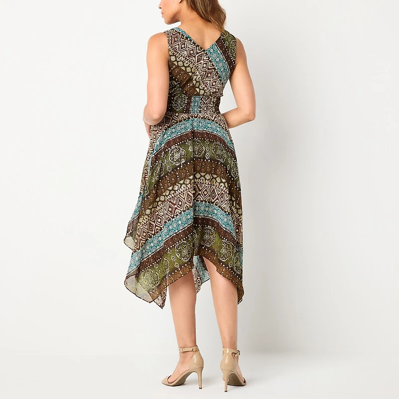Rabbit Design Womens V Neck Sleeveless Abstract Fit + Flare Dress