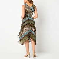Rabbit Design Womens V Neck Sleeveless Abstract Fit + Flare Dress