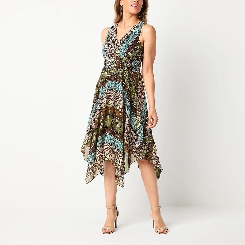 Rabbit Design Womens V Neck Sleeveless Abstract Fit + Flare Dress