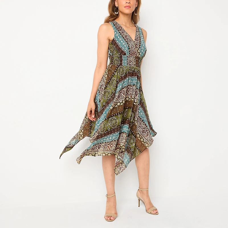 Rabbit Design Womens V Neck Sleeveless Abstract Fit + Flare Dress