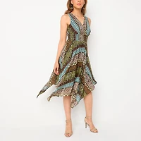 Rabbit Design Womens V Neck Sleeveless Abstract Fit + Flare Dress