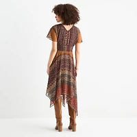 Rabbit Design Womens High-Low V Neck Short Sleeve Flutter Bordered Fit + Flare Dress