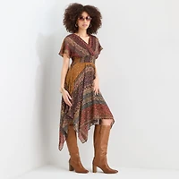 Rabbit Design Womens High-Low V Neck Short Sleeve Flutter Bordered Fit + Flare Dress