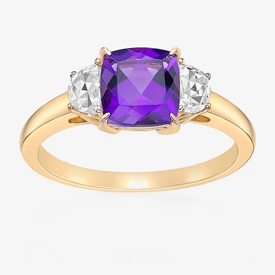 Womens Genuine Purple Amethyst 18K Gold Over Silver Cushion 3-Stone Cocktail Ring