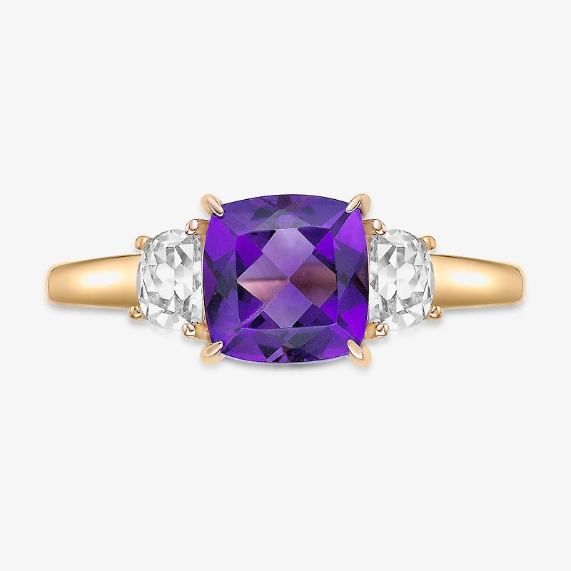 Womens Genuine Purple Amethyst 18K Gold Over Silver Cushion 3-Stone Cocktail Ring