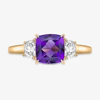 Womens Genuine Purple Amethyst 18K Gold Over Silver Cushion 3-Stone Cocktail Ring