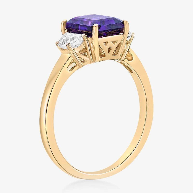Womens Genuine Purple Amethyst 18K Gold Over Silver 3-Stone Cocktail Ring