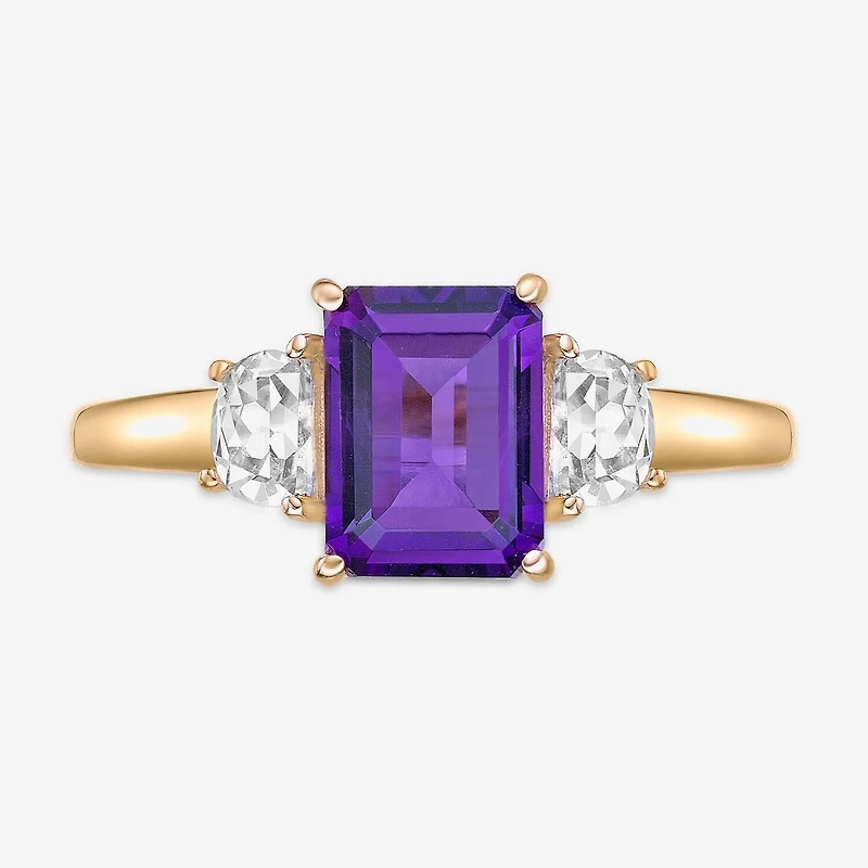 Womens Genuine Purple Amethyst 18K Gold Over Silver 3-Stone Cocktail Ring