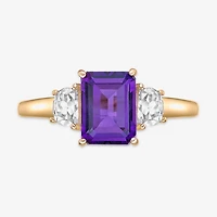 Womens Genuine Purple Amethyst 18K Gold Over Silver 3-Stone Cocktail Ring