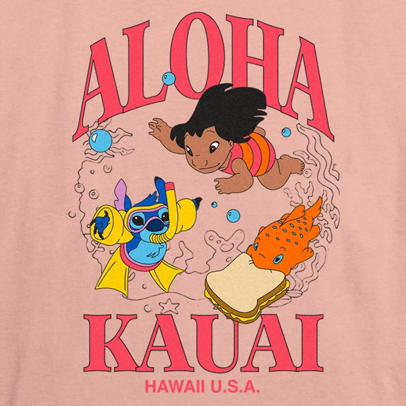 Disney Aloha Kauai Tee Womens Juniors Crew Neck Short Sleeve Regular Fit Lilo & Stitch Graphic T-Shirt