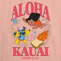 Disney Aloha Kauai Tee Womens Juniors Crew Neck Short Sleeve Regular Fit Lilo & Stitch Graphic T-Shirt