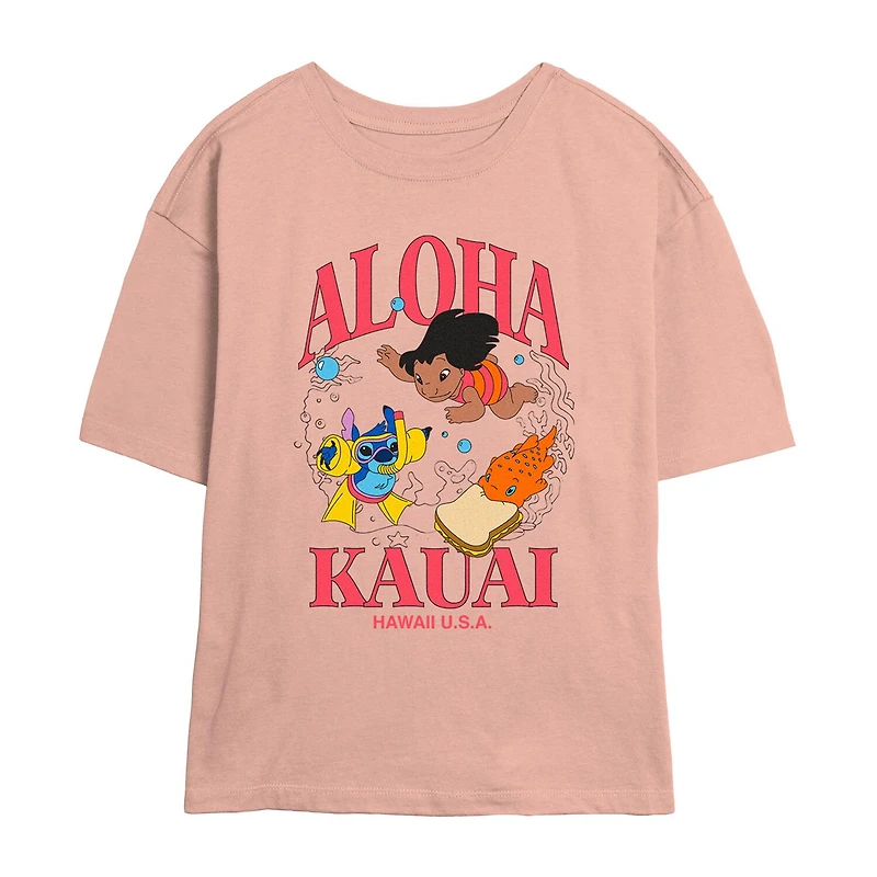 Disney Aloha Kauai Tee Womens Juniors Crew Neck Short Sleeve Regular Fit Lilo & Stitch Graphic T-Shirt