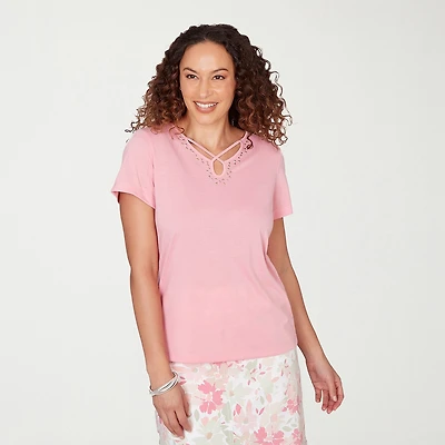 Hearts Of Palm Womens Keyhole Neck Short Sleeve Embellished Blouse
