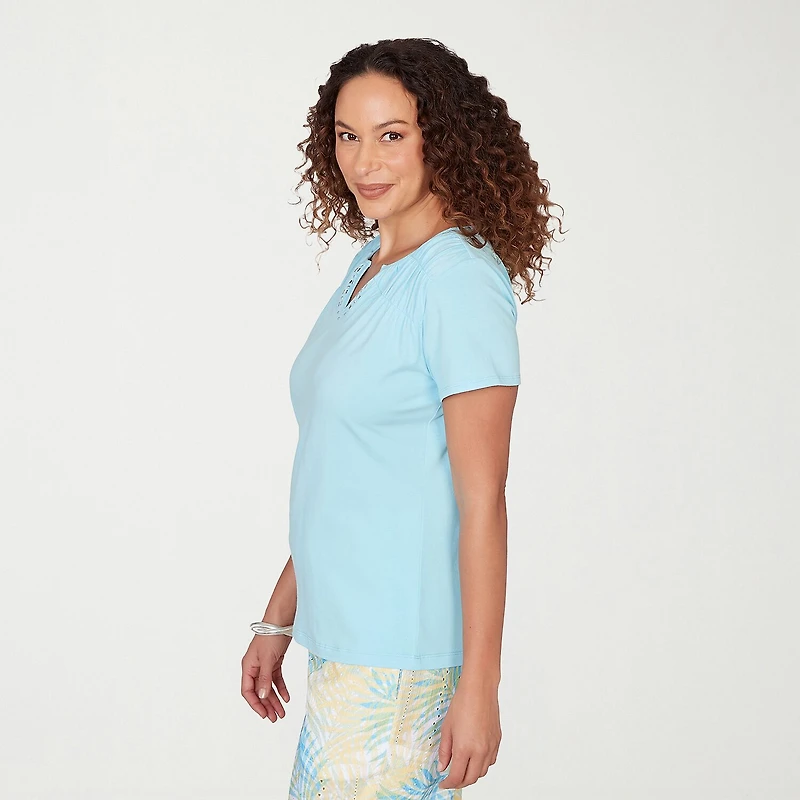 Hearts Of Palm Womens Split Crew Neck Short Sleeve Embellished Blouse