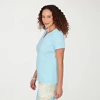 Hearts Of Palm Womens Split Crew Neck Short Sleeve Embellished Blouse