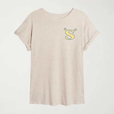Womens Juniors Crew Neck Short Sleeve Oversized Shrek Graphic T-Shirt