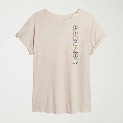Womens Juniors Crew Neck Short Sleeve Oversized Pokemon Graphic T-Shirt